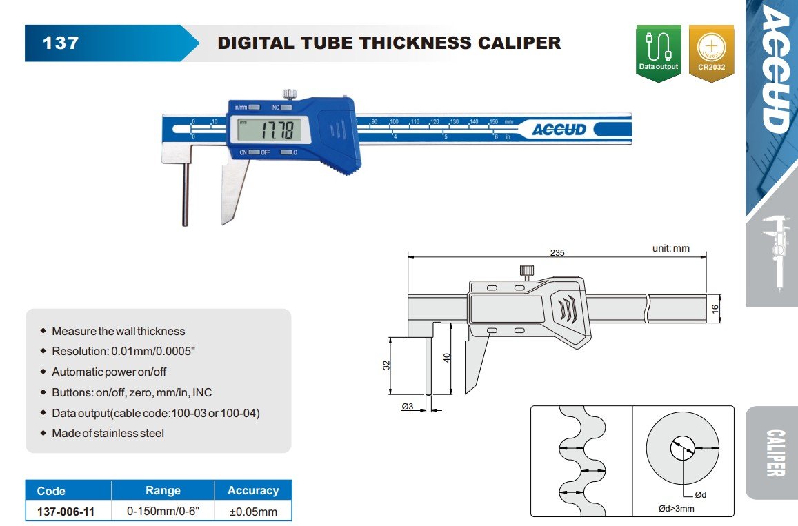 Obrázek produktu ACCUD 137-006-11 DIGITAL TUBE THICKNESS CALIPER 150mm/6" ( 0.01mm/0.0005" ) 2 Obrázek produktu ACCUD 137-006-11 DIGITAL TUBE THICKNESS CALIPER 150mm/6" ( 0.01mm/0.0005" ) 2